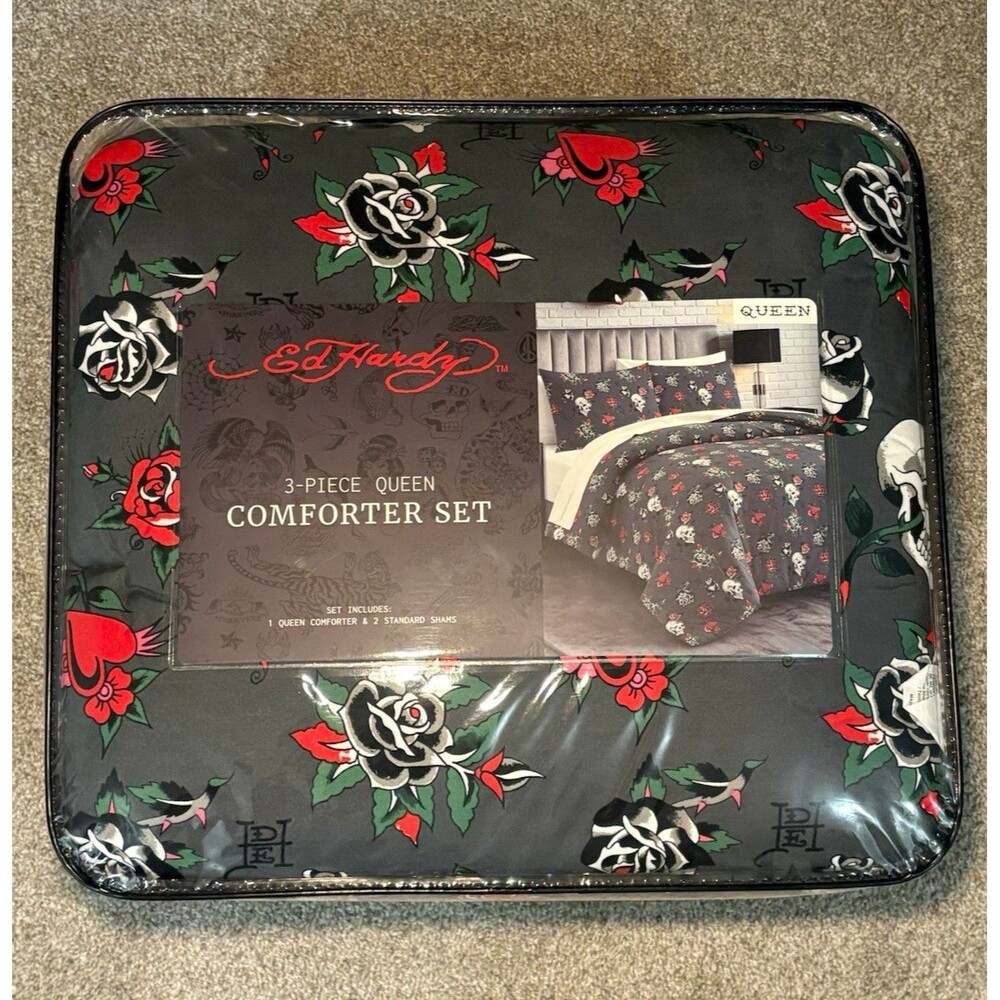 Ed Hardy Queen 3-Piece Comforter Set Reversible Skulls & Roses Black